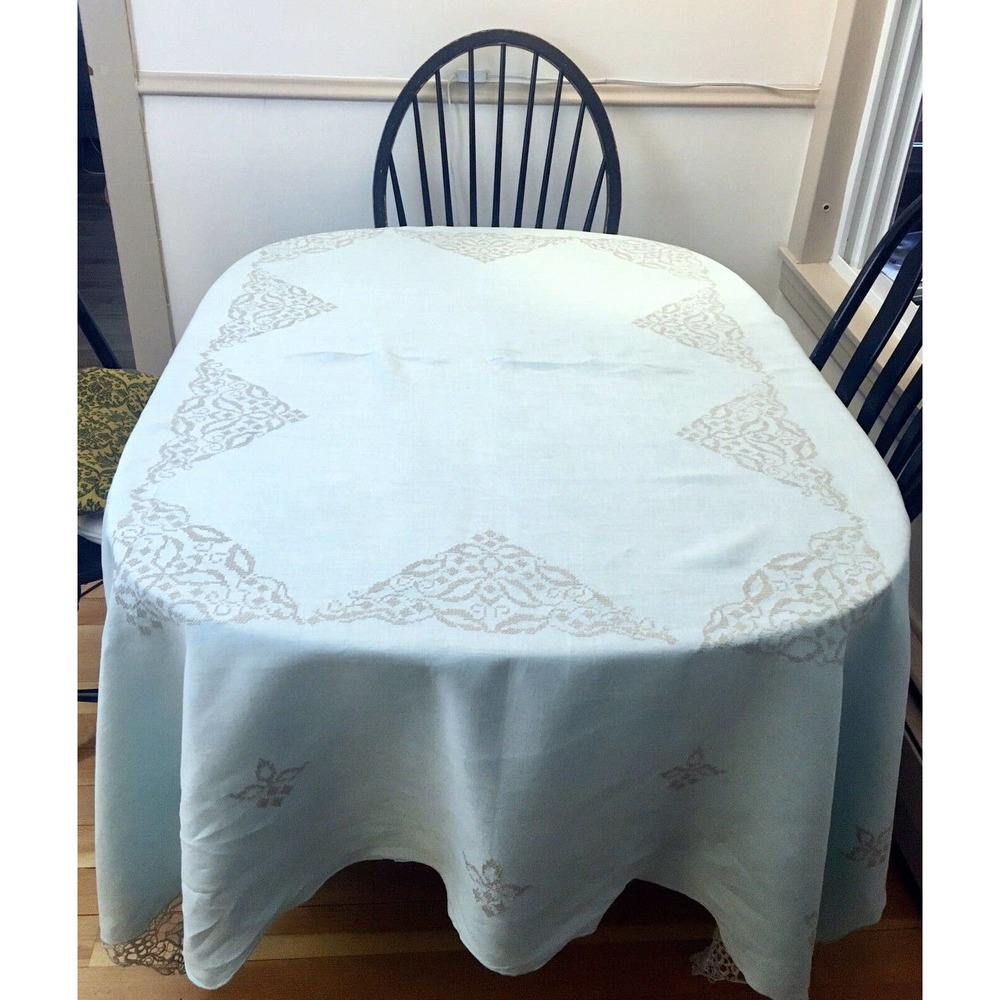 Vintage linen tablecloth light blue embroidered lace corners 80" x 72" rectangle